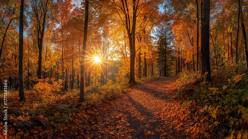Obraz premium Sunlit path in a park before sunset