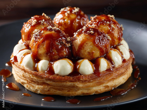 Saint-honoré cake with caramel and cream puffs