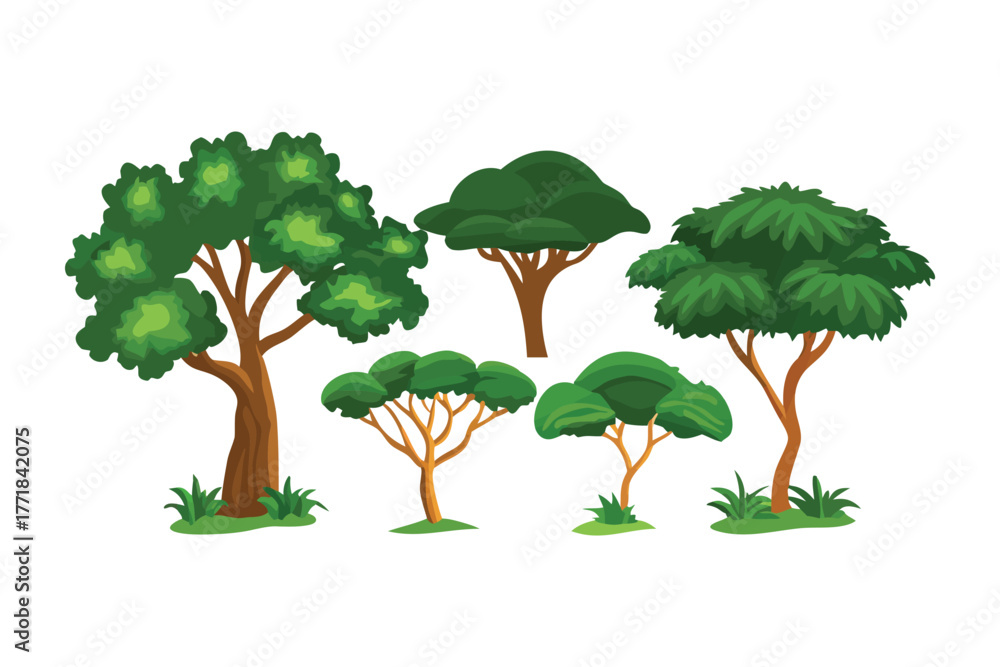 Fototapeta premium Variety of Trees: Five unique trees stand together, portraying the diverse beauty of nature. Perfect for design projects.