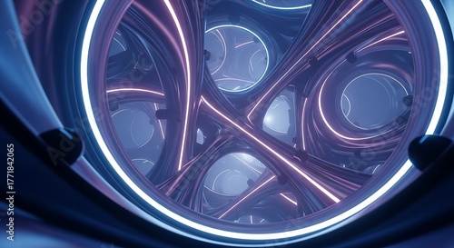 Abstract futuristic tunnel with glowing neon lines and interwoven geometric patterns creating a sense of depth and motion.