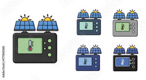 Stylized icon set featuring a solar energy monitoring system, complete with photovoltaic panels and a clear temperature display, representing intelligent power management for sustainable living