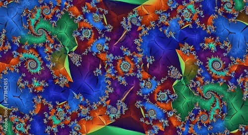 Intricate fractal patterns in vibrant blues, purples, oranges, and greens create a mesmerizing, kaleidoscopic visual experience.
