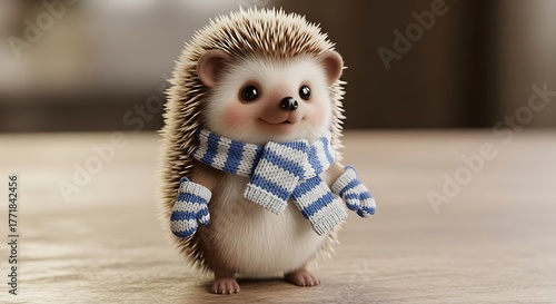 An adorable 3D rendered hedgehog wearing a cozy blue and white striped scarf and mittens while smiling.
