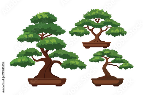 Bonsai Trees Illustration: Showcase the miniature of green bonsai tree art for gardening and horticulture to your home decoration and add aesthetic beauty and serenity.