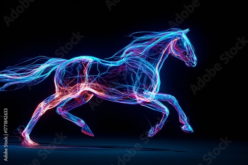 A stunning representation of a horse running, depicted with glowing lines of blue and pink light against a dark backdrop, creating a dynamic and energetic scene