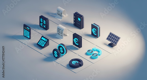 Digital economy concept with isometric icons illustrating financial tools, accounting, business planning, and sustainable energy investment for a modern economic outlook