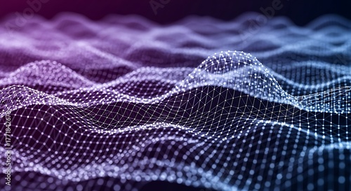 Abstract digital network of glowing particles forming a wavy surface with a dark background.