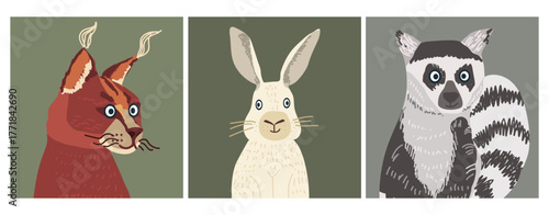 Animals avatars, cute portraits set, hand drawn vector illustration.