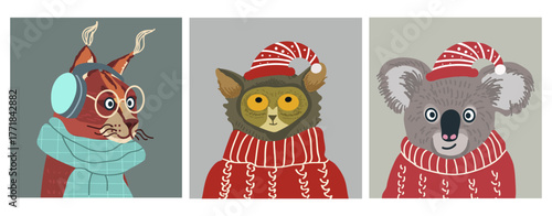 Animals avatars, cute portraits set, hand drawn vector illustration.