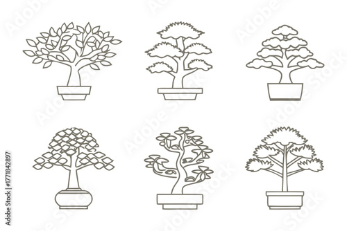 Bonsai Variety: An illustration of various bonsai trees, each meticulously crafted and showcasing unique shapes and forms, symbolizing harmony, balance, and the art of cultivation.
