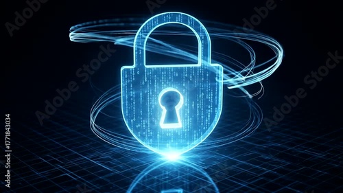 Futuristic digital lock symbolizing cybersecurity amidst a tech backdrop