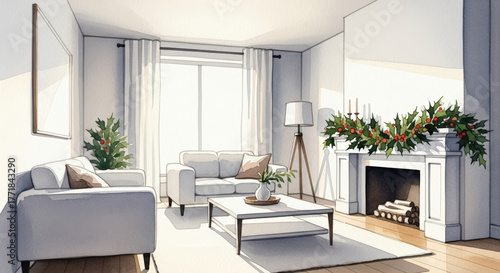Cozy living room decorated for Christmas with two sofas, a fireplace, and bright window daylight, evoking a warm and festive mood.