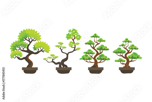Artistic Bonsai Collection: An array of artful bonsai trees, each a miniature masterpiece sculpted through cultivation and care, showcase the beauty of nature in compact form. 
