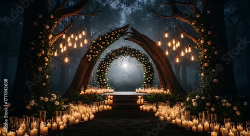 Enchanting forest wedding archway adorned with flowers and illuminated by fairy lights and candles ceremony