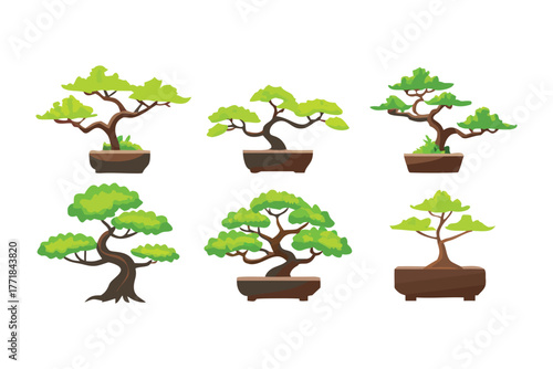 Art of Miniature: A close-up showcases an intricate composition of a captivating bonsai trees, demonstrating the delicate art of cultivating nature in miniature forms. These artful miniature trees.