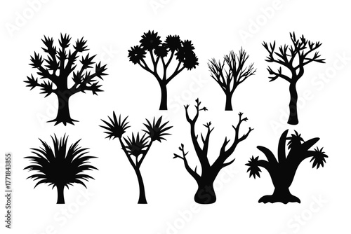 Silhouette Serenade: An ensemble of varied tree silhouettes, each with a unique profile, stand in stark contrast against the backdrop.