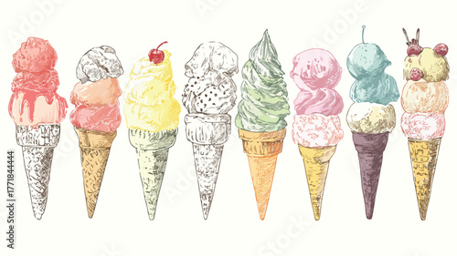 Delicious Assortment of Ice Creams and Vector Outlines