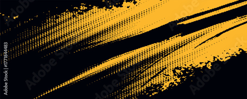 Halftone yellow dots pattern and black gradient grunge texture background. Dotted line comic sport style vector illustration.