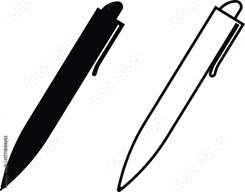 Black pen, pencil, writing instrument, and stationery icon set, minimalist office tool collection and education symbol group in flat and line style, isolated vector for design and print