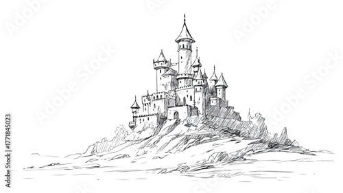 Majestic Castle Drawing with Towering Fortress - Detailed Vector Illustration