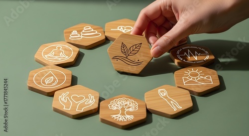 Holistic wellness concepts with wooden hexagon tiles, representing mindful living and self-care practices.