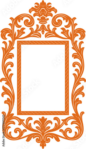 Elegant Ornate Orange Frame with Baroque Scrollwork, trendy style frame, modern style page frame border, ceramic, tiles illustration.