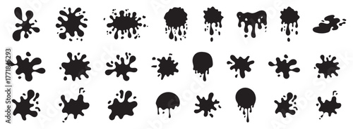 collection of abstract black ink blots, splatters, and shapes on a transparent background