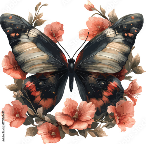 Macro beautiful colorful butterfly flying on a flower with isolated black background and white wings