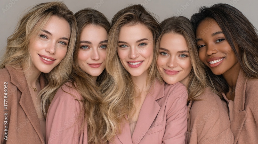 Obraz premium Five beautiful diverse women stand close together, sharing warm smiles and joyful expressions. They are dressed in soft pastel outfits, radiating friendship and confidence in a cozy indoor space