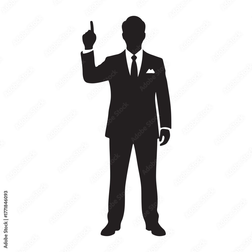 Obraz premium Monochromatic Vector Silhouette of Professional Man Pointing Finger Upward