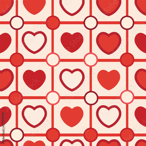 Seamless geometric pattern with stylized hearts, circles and lines, modern minimalist style, red, coral and cream colors, vector flat design