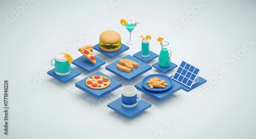 A vibrant 3D isometric illustration showcasing a diverse collection of popular fast food and refreshing beverages alongside a solar panel, symbolizing the intersection of modern consumption