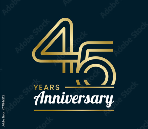 45 Years Anniversary with ribbon design vector illustration. Unique 45 years logo design template. In gold color