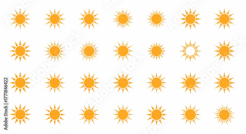 Vibrant collection of diverse sun icons showcasing radiant warmth, summer energy, and bright weather symbols, perfect for graphic design elements and cheerful digital media projects