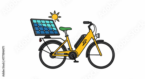 Vibrant yellow electric bicycle equipped with a functional solar panel on its rear rack, symbolizing innovative eco-friendly transportation and sustainable energy integration for urban mobility