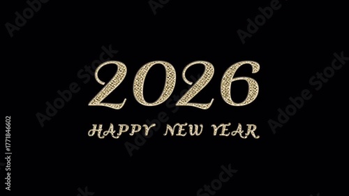 A golden shimmering text 2026 Happy New Year on a transparent background. Text animation with alpha channel .