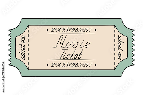 Green movie ticket admit one. Handwritten cursive lettering with a capital letter. Illustration.