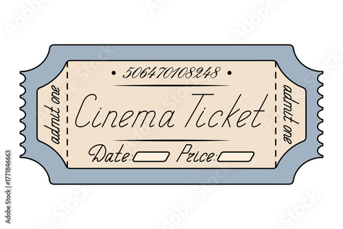 Cinema. Blue ticket admit one. Date and price are indicated. Handwritten cursive lettering.