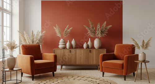 Inviting autumn toned living room evokes warmth and serenity with natural elements and cozy textures Soft daylight