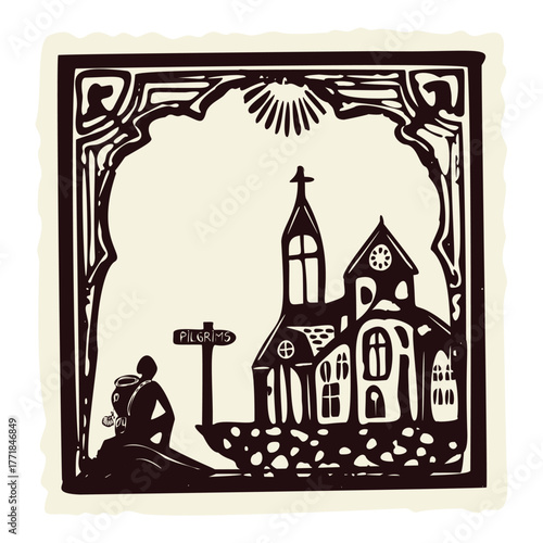 Simple pilgrim picture with church, pilgrimage route signpost and backpacker walker resting at sanctuary. Black and white icon for european sacred journey illustation badge. Great for passport stamp.