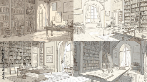 Elegant vintage library interior sketch with tall bookshelves, wooden desk, and arched windows. Hand-drawn black and white illustration depicting classic academic atmosphere.