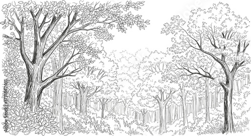 Detailed hand-drawn forest landscape, dense woodland illustration, vintage nature ink sketch, monochrome black and white vector background scene.