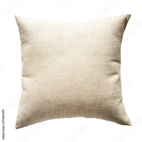 A textured cream colored throw pillow with a woven pattern isolated on transparent background