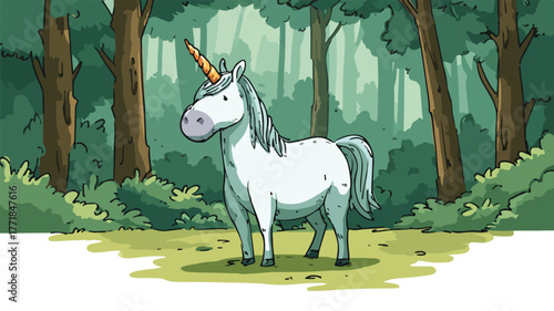 Cute Cartoon Unicorn with Multiple Horns Standing in Enchanted Forest