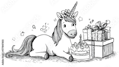 Magical Cartoon Unicorn Celebrating with Birthday Cake and Gift Box