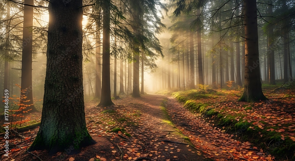 Obraz premium Sunbeams Filter Through Trees Onto a Leaf- Covered Forest Path in Autumn fall leaves