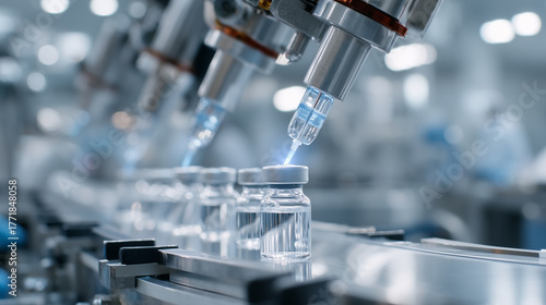 Sterile vaccine facility, robotic arms filling vials, glowing lab lights, meticulous safety checks