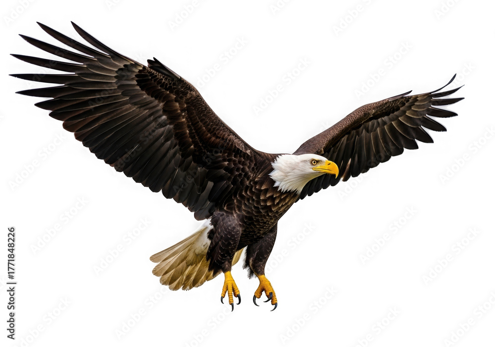 Fototapeta premium Majestic bald eagle soaring through the air with wings spread wide isolated on transparent background