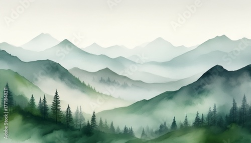 misty green and gray mountain ranges soft watercolor texture abstract landscape calm canvas