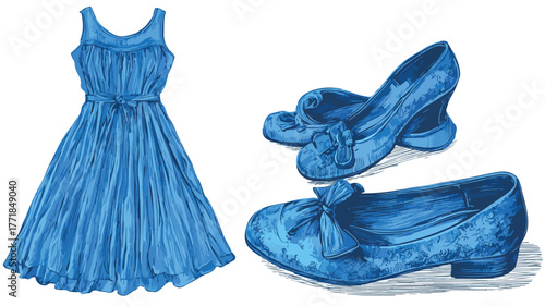 Elegant Blue Dress and Shoes Vector Illustration for Fashion Design Projects
